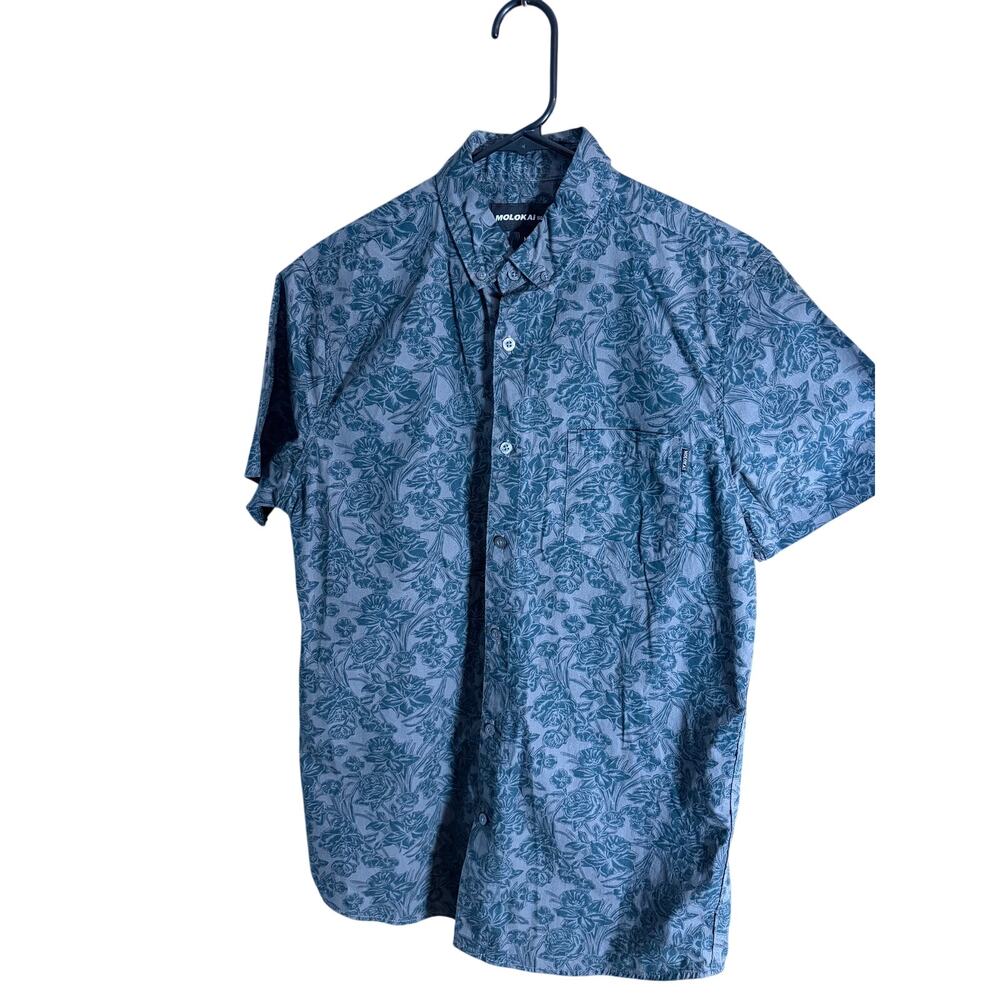 Molokai Surf Co Floral Hawaiian Button Up Shirt Men's Medium Gray Blue Tropical